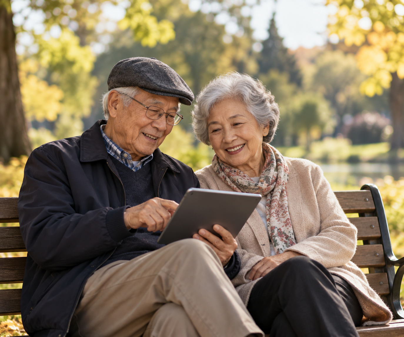 Elderly couple using a tablet together in the park