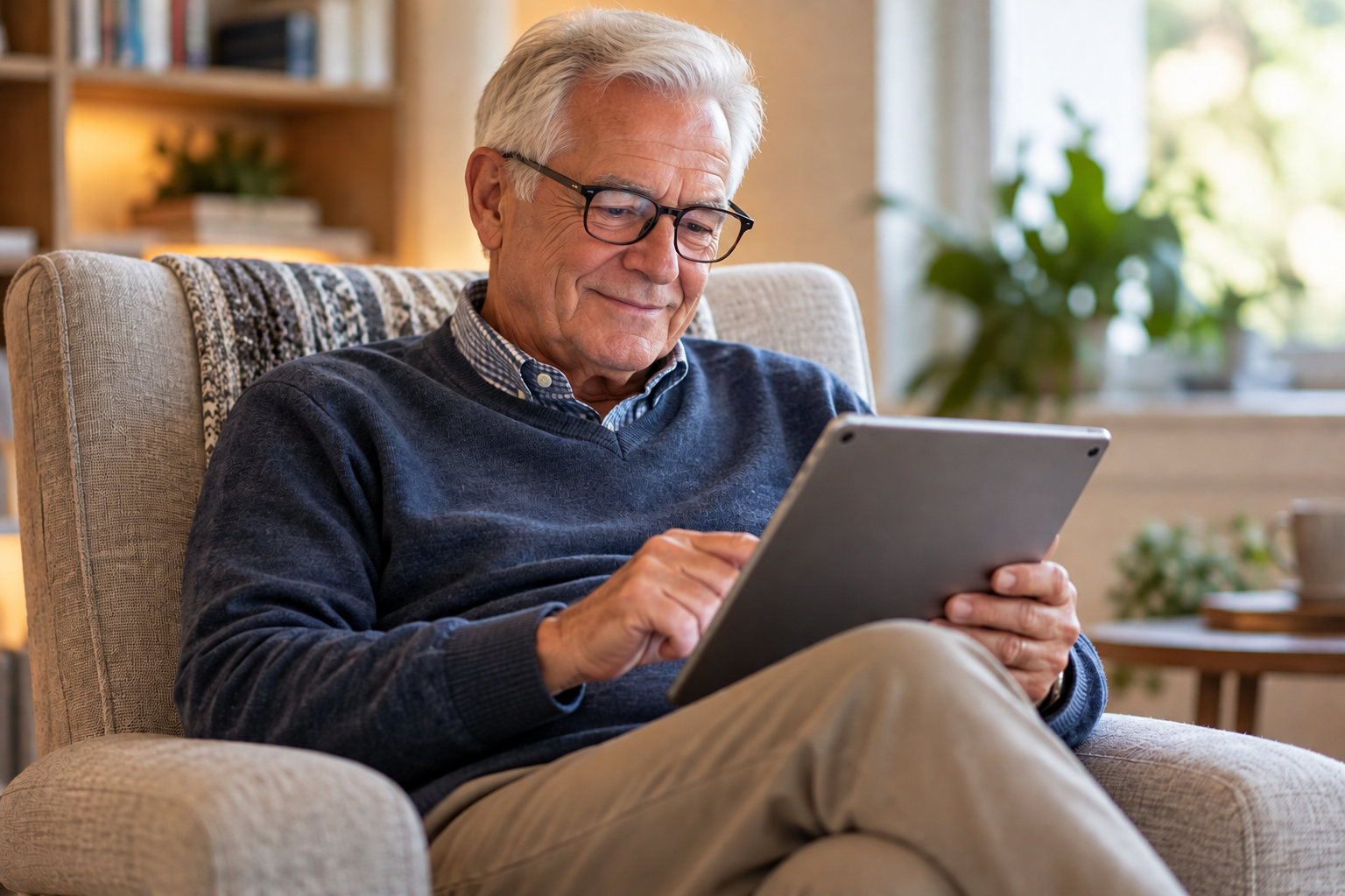 Elderly man using a tablet in a cozy armchair