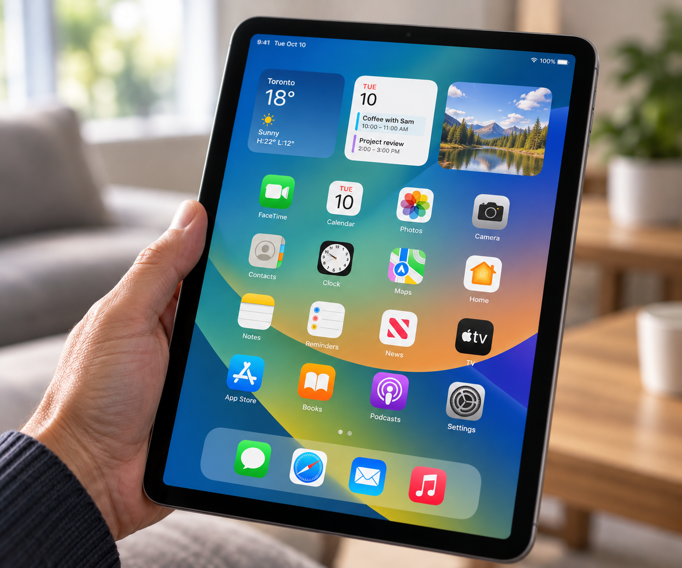 Hand holding an iPad showing the home screen