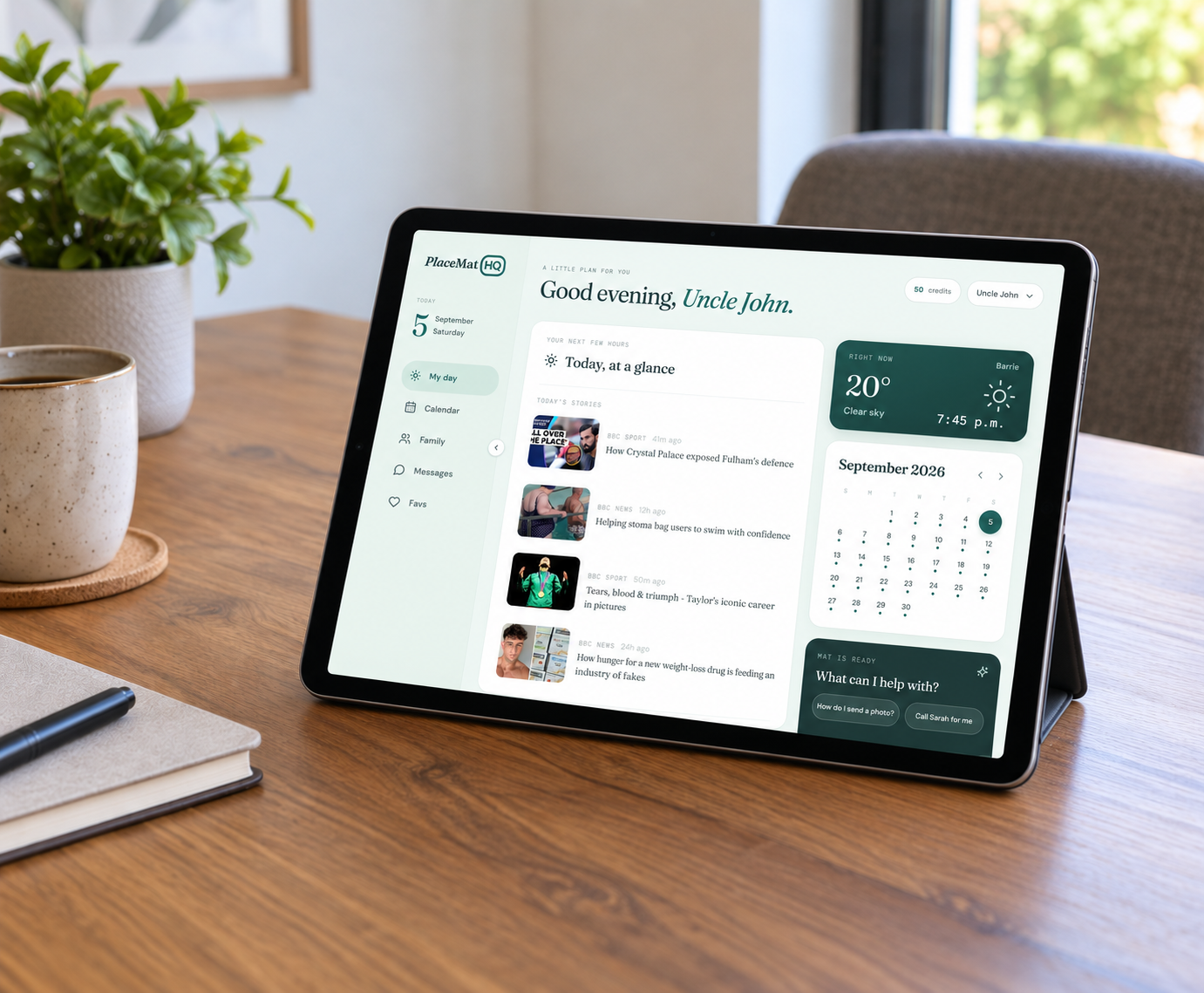 PlaceMatHQ open on a tablet on a kitchen table